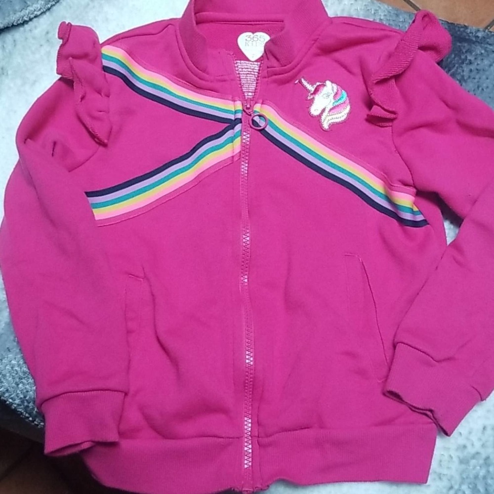 Ruffle sleeve zip up rainbow and unicorn jacket